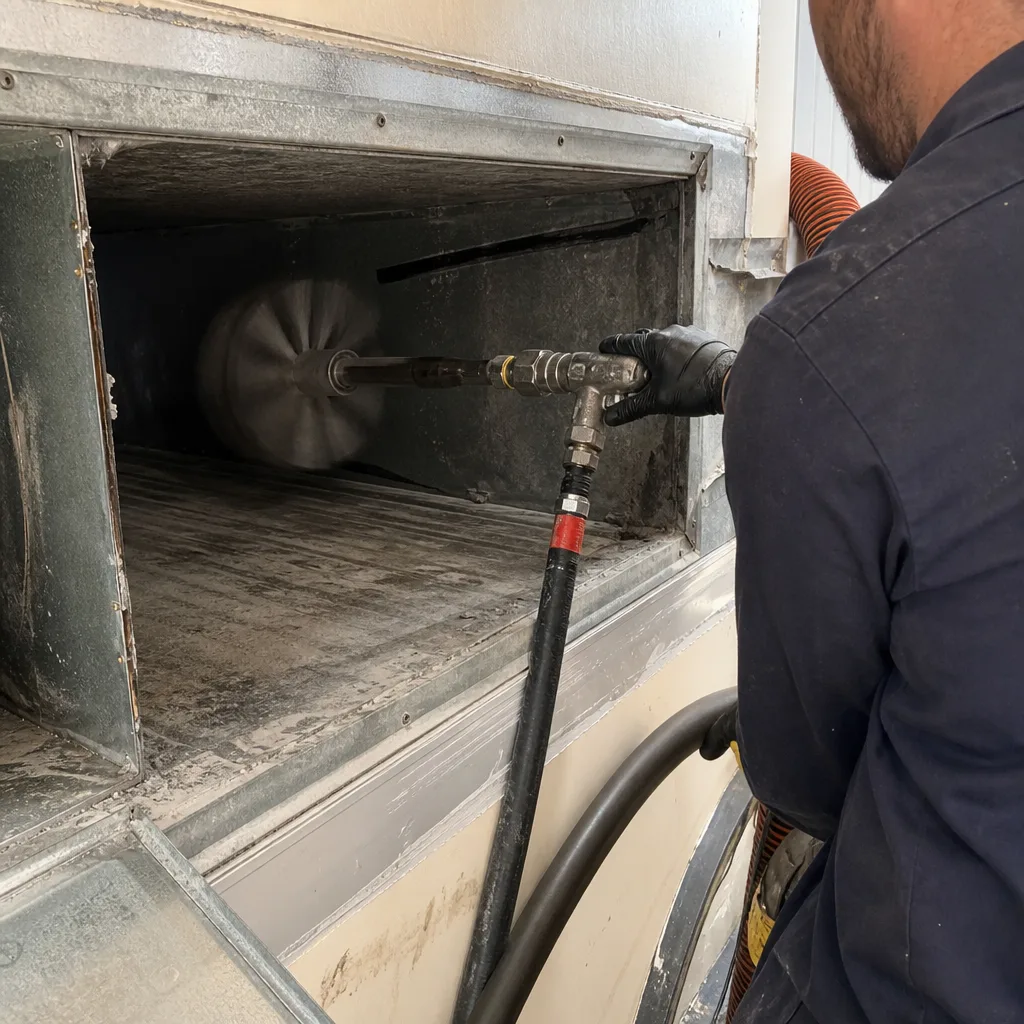 Technician performing professional air duct cleaning with a rotating brush tool