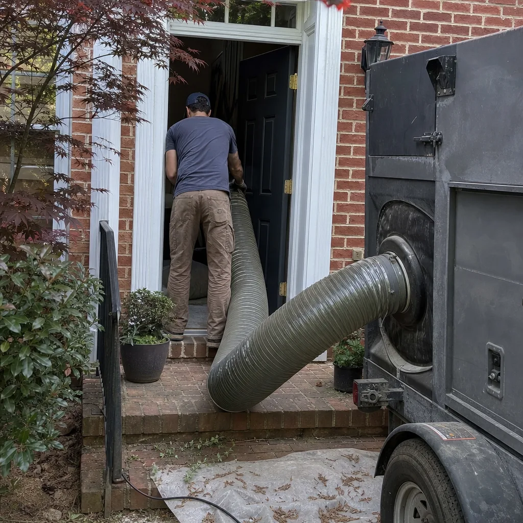 Technician using professional vacuum equipment for residential air duct cleaning