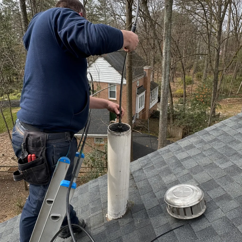 Professional technician performing dryer vent cleaning on a residential roof