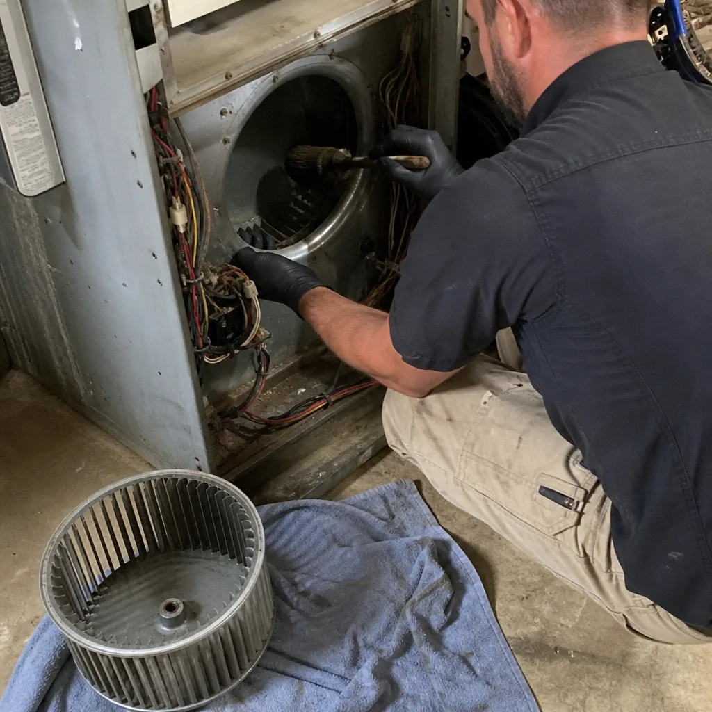 Technician performing professional HVAC blower wheel cleaning and maintenance