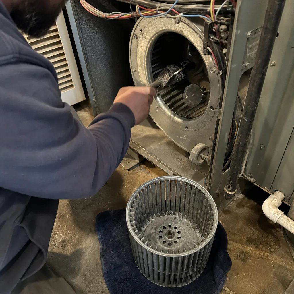 Technician performing professional HVAC system blower and air duct cleaning