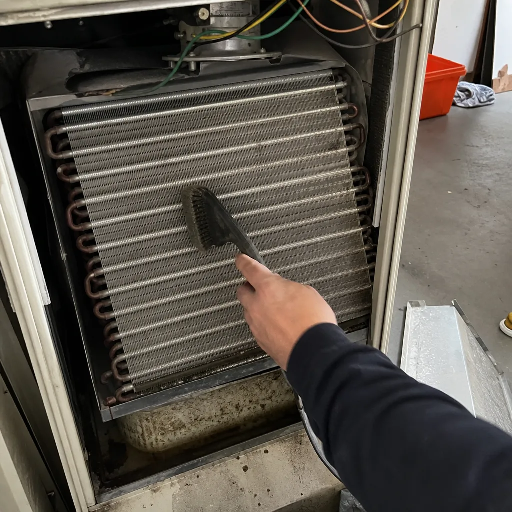 Technician using a brush to clean HVAC system cooling coils